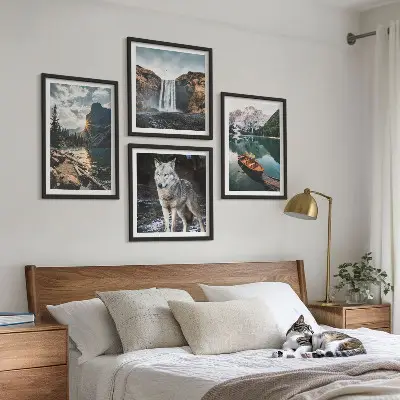 Mountain, lake, and waterfall wall art set of 4 wolf-themed landscape prints