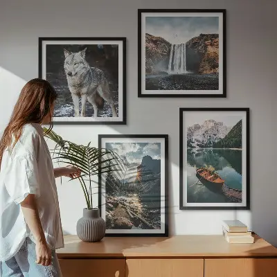 Mountain, lake, and waterfall wall art set of 4 wolf-themed landscape prints