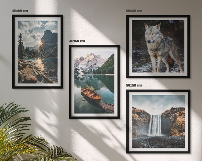 Set of 4 wall art pieces Mountains lakes waterfall wolf
