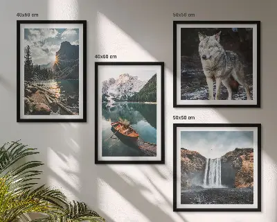 Mountain, lake, and waterfall wall art set of 4 wolf-themed landscape prints