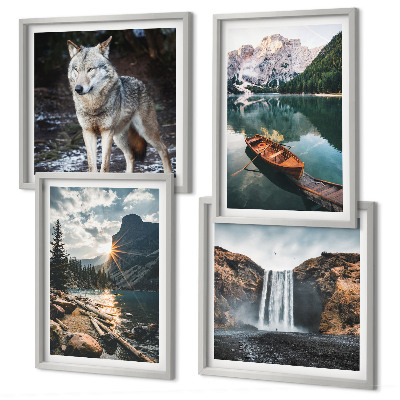 Set of 4 wall art pieces Mountains lakes waterfall wolf