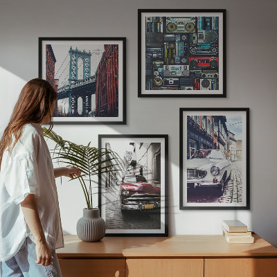 Set of 4 wall art pieces Old cars Brooklyn retro audio