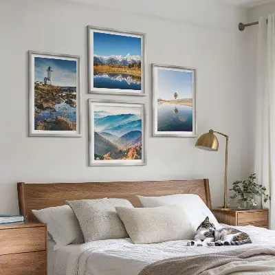 Multi-piece wall decor set featuring views of nature, a lighthouse, and mountains