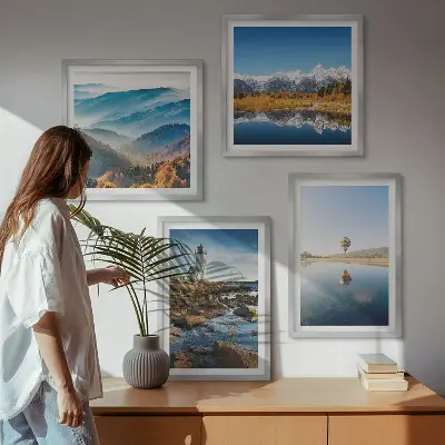 Multi-piece wall decor set featuring views of nature, a lighthouse, and mountains