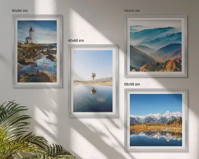 Multi-piece wall decor set featuring views of nature, a lighthouse, and mountains
