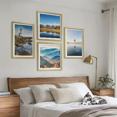 Multi-piece wall decor set featuring views of nature, a lighthouse, and mountains