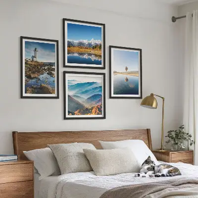 Multi-piece wall decor set featuring views of nature, a lighthouse, and mountains