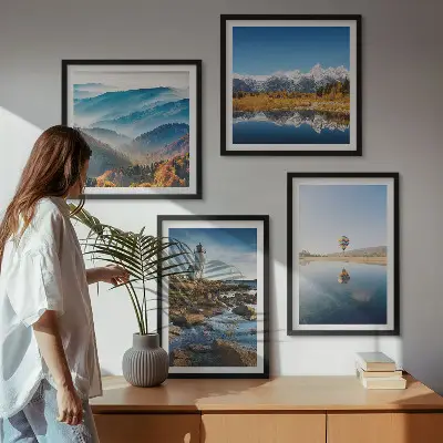 Multi-piece wall decor set featuring views of nature, a lighthouse, and mountains