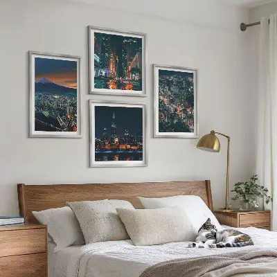 Mountain view of the city at night wall art set of 4 pieces