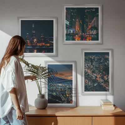 Set of 4 wall art pieces Mountain view of the city at night