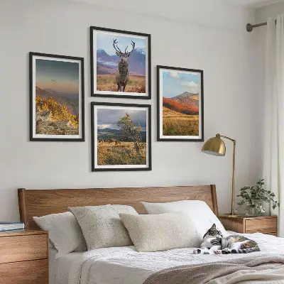 Multi-piece wall decor set featuring mountain landscapes with deer and grass