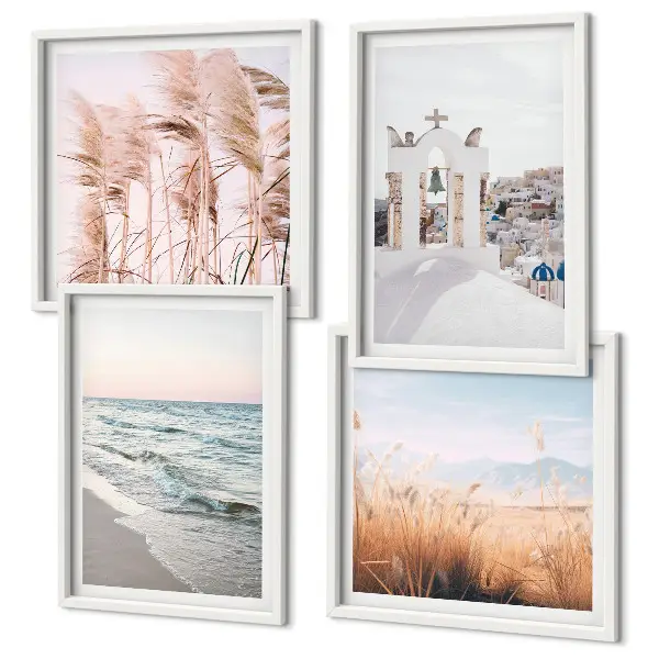 Wall art set featuring plants, sea waves, and houses