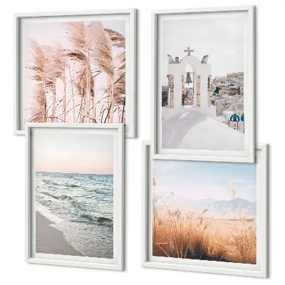 Wall art set featuring plants, sea waves, and houses