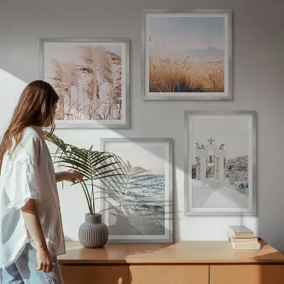 Wall art set featuring plants, sea waves, and houses