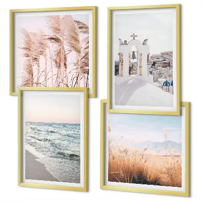 Wall art set featuring plants, sea waves, and houses