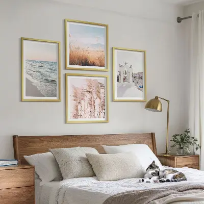 Wall art set featuring plants, sea waves, and houses
