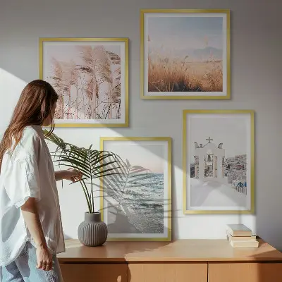 Wall art set featuring plants, sea waves, and houses
