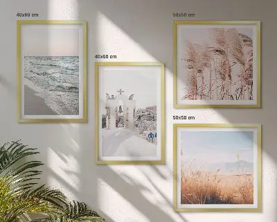 Wall art set featuring plants, sea waves, and houses