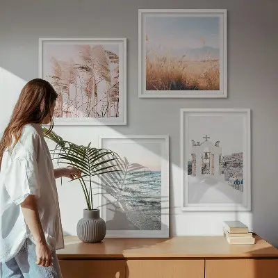 Wall art set featuring plants, sea waves, and houses