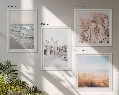 Wall art set featuring plants, sea waves, and houses