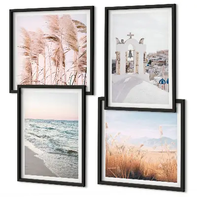 Wall art set featuring plants, sea waves, and houses