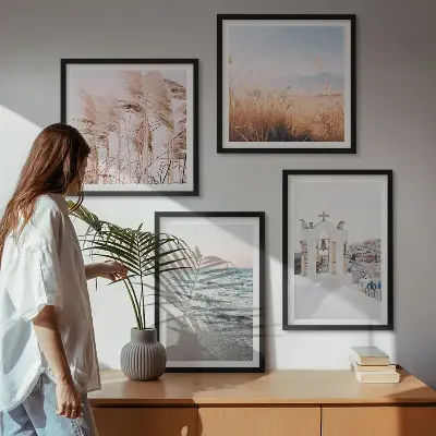 Wall art set featuring plants, sea waves, and houses