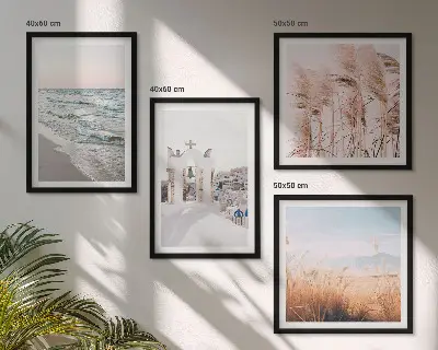 Wall art set featuring plants, sea waves, and houses