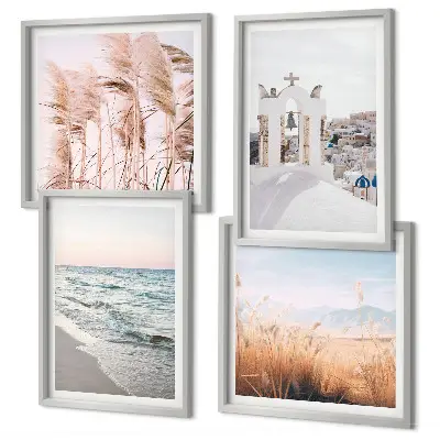 Wall art set featuring plants, sea waves, and houses