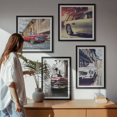 Set of 4 wall art pieces Classic cars in cities