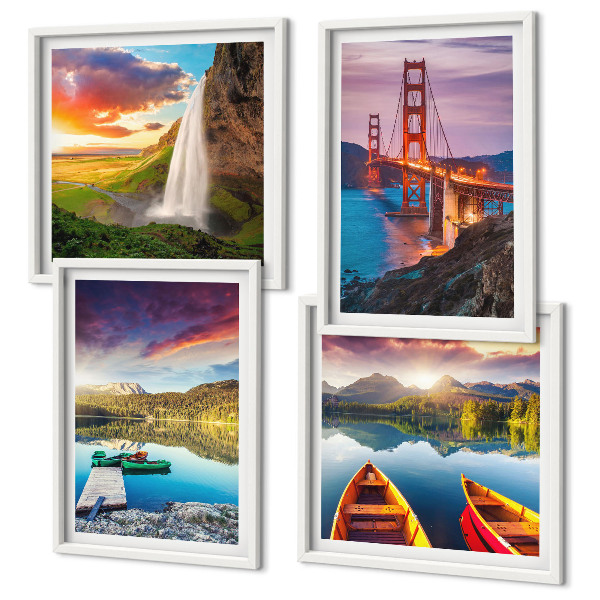 Set of 4 wall art pieces Mountain lakes boats bridges