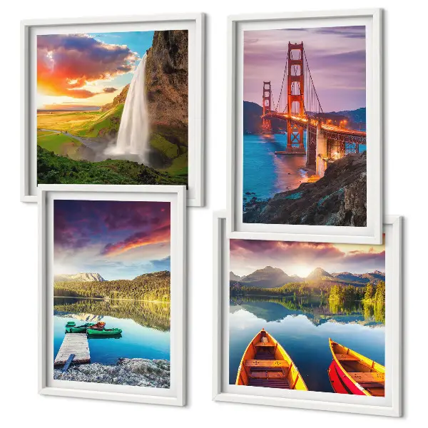 Mountain lakes, boats, and bridges wall art set of 4 pieces