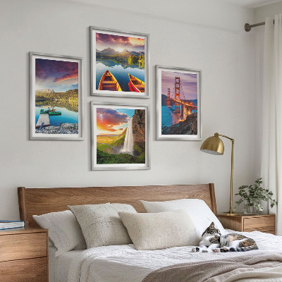 Set of 4 wall art pieces Mountain lakes boats bridges