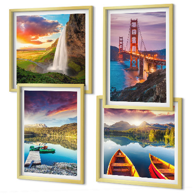 Set of 4 wall art pieces Mountain lakes boats bridges