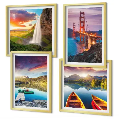 Mountain lakes, boats, and bridges wall art set of 4 pieces