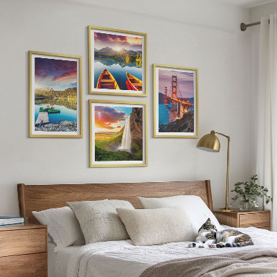 Set of 4 wall art pieces Mountain lakes boats bridges