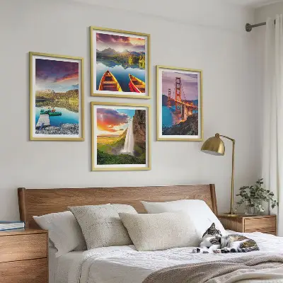 Mountain lakes, boats, and bridges wall art set of 4 pieces