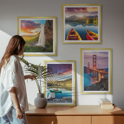 Set of 4 wall art pieces Mountain lakes boats bridges