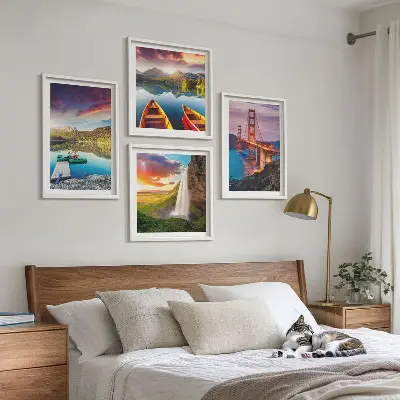 Mountain lakes, boats, and bridges wall art set of 4 pieces