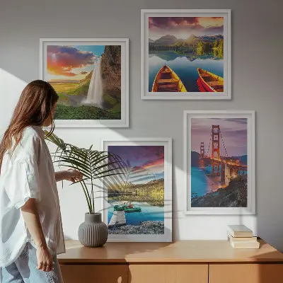 Mountain lakes, boats, and bridges wall art set of 4 pieces
