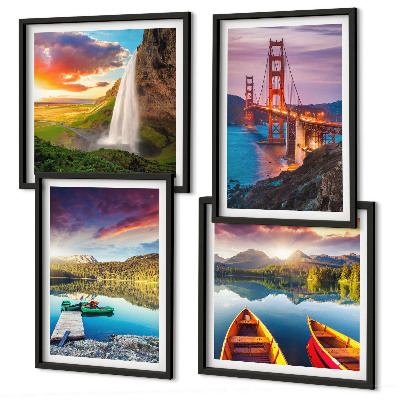 Set of 4 wall art pieces Mountain lakes boats bridges