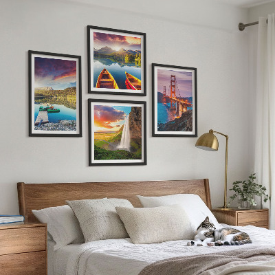 Set of 4 wall art pieces Mountain lakes boats bridges