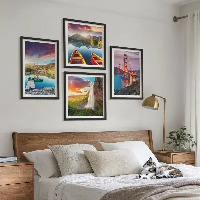 Mountain lakes, boats, and bridges wall art set of 4 pieces
