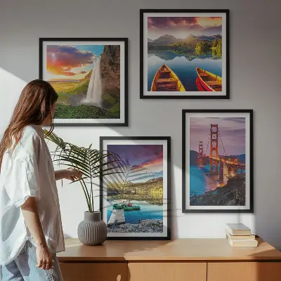 Mountain lakes, boats, and bridges wall art set of 4 pieces