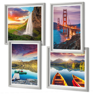 Set of 4 wall art pieces Mountain lakes boats bridges