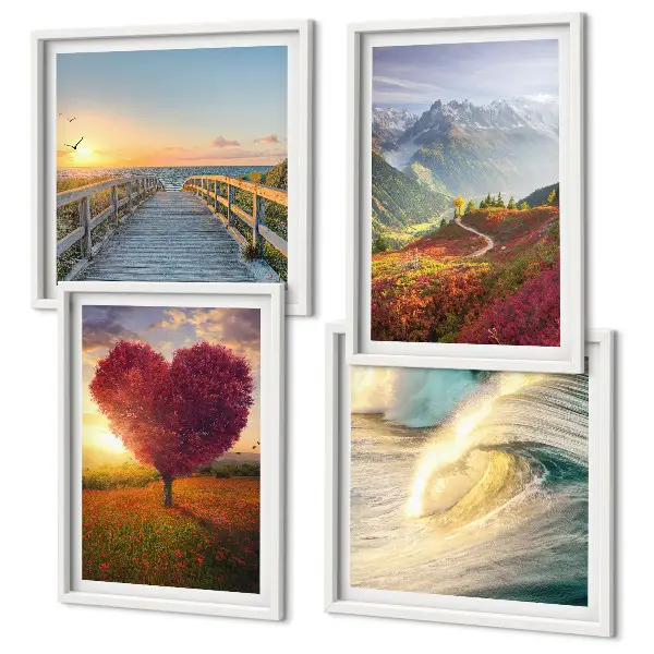 Multi-piece wall art set featuring landscapes of mountains, waves, trees, hearts, and piers