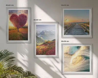 Multi-piece wall art set featuring landscapes of mountains, waves, trees, hearts, and piers