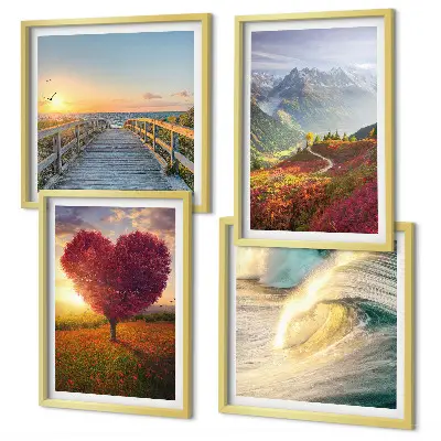 Multi-piece wall art set featuring landscapes of mountains, waves, trees, hearts, and piers