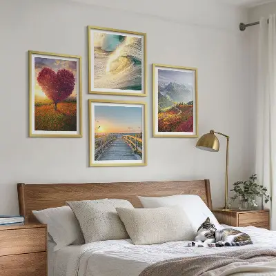 Multi-piece wall art set featuring landscapes of mountains, waves, trees, hearts, and piers