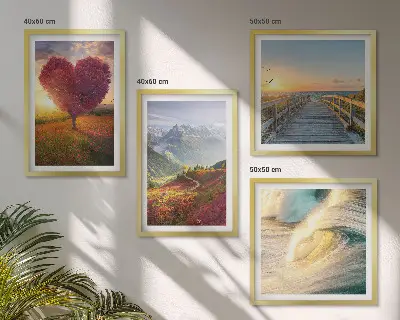Multi-piece wall art set featuring landscapes of mountains, waves, trees, hearts, and piers