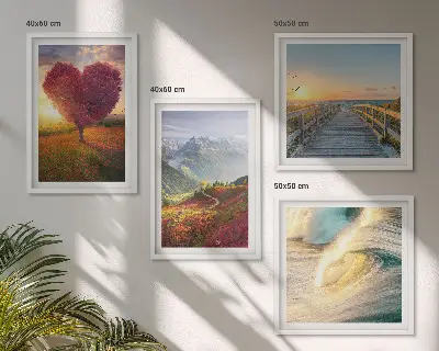 Multi-piece wall art set featuring landscapes of mountains, waves, trees, hearts, and piers